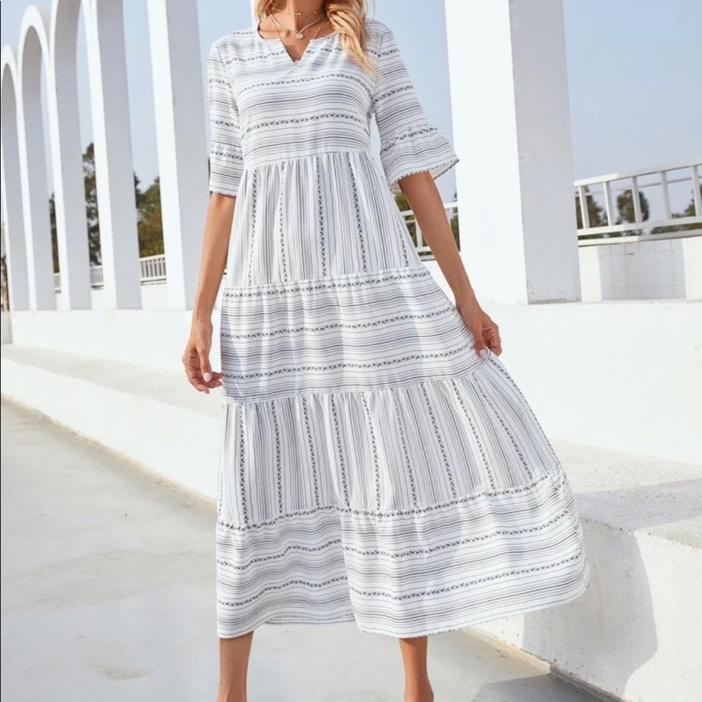 Boho striped notched neck flounce sleeve dress